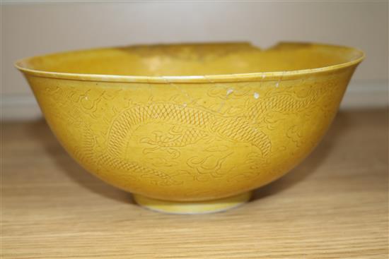 A Chinese yellow ground bowl (a.f.)and two blue and white dishes 19cm. & 16cm.